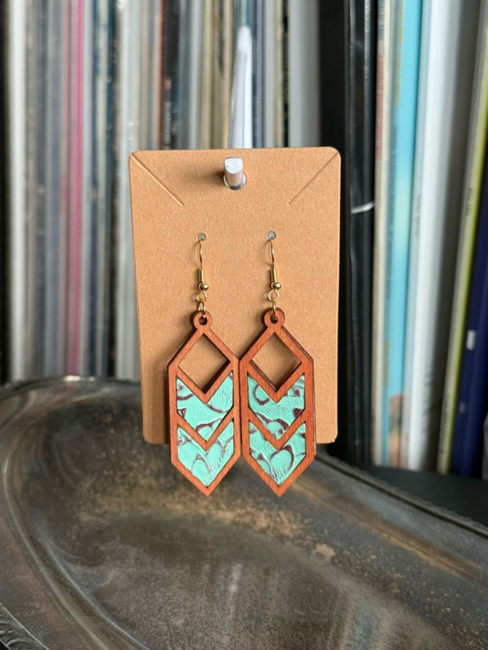 Turquoise Chevron Wood Drop Earrings with Gold Hooks - Women Jewelry
